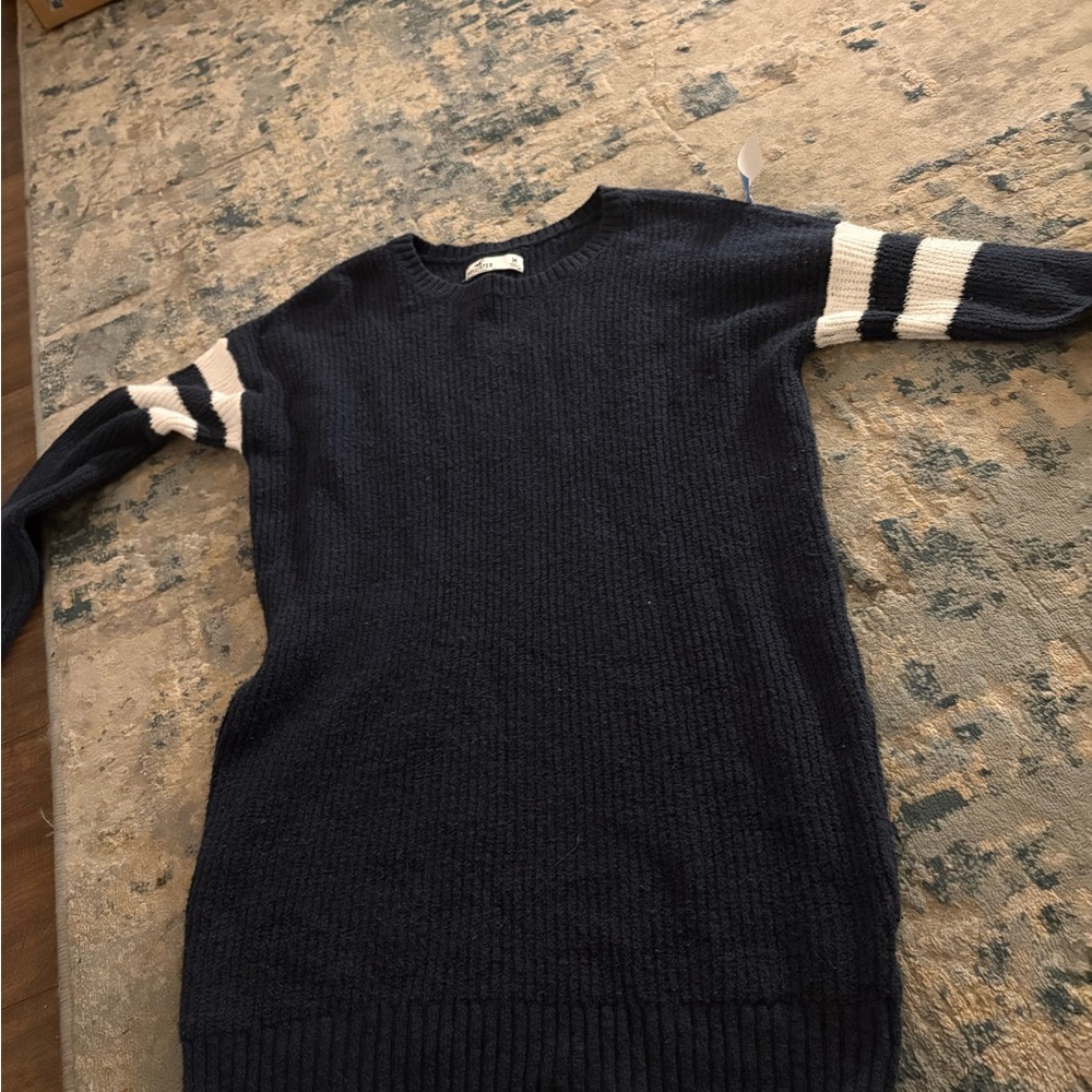 Hollister Navy Sweater with White Sleeve Stripes